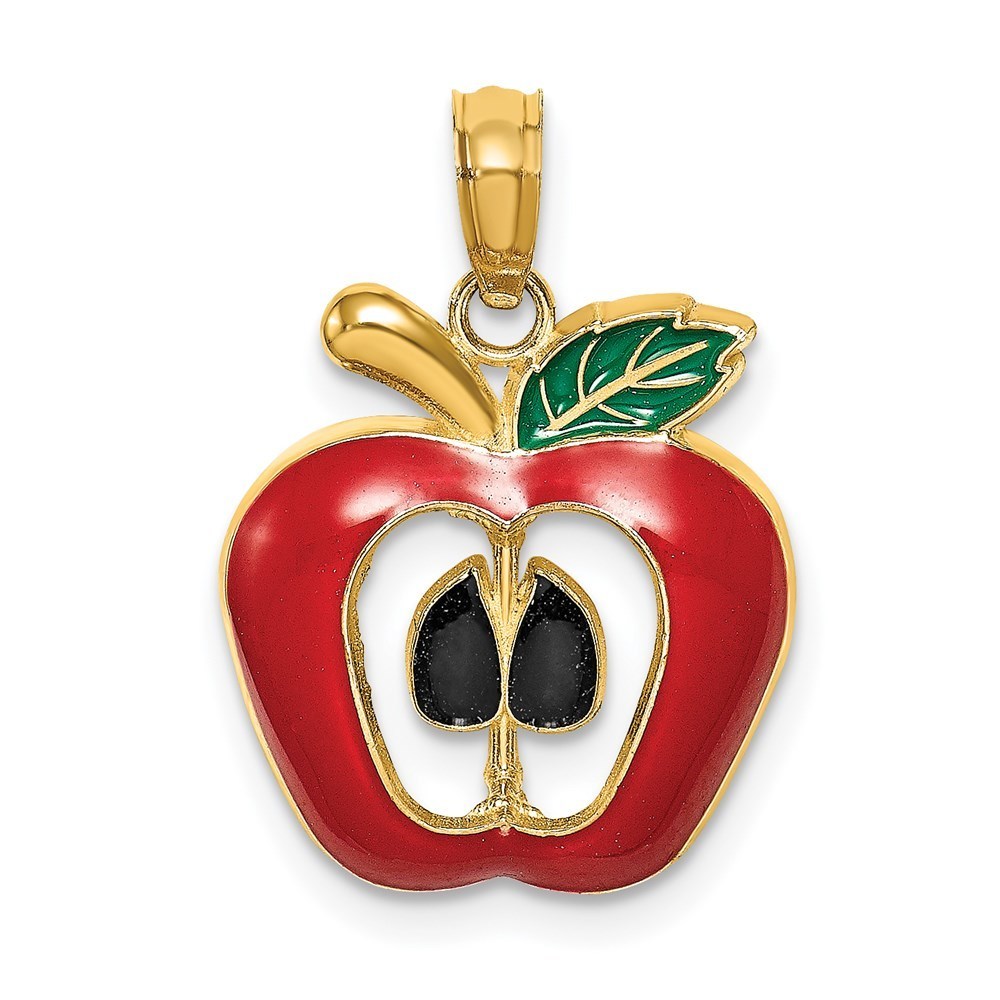 14k Yellow Gold W/ Enamel 2-D Cut-Out Apple Necklace Charm Pendant